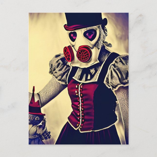 Cartão Postal Mulher e Boneco com Máscara de Gás (Frente)