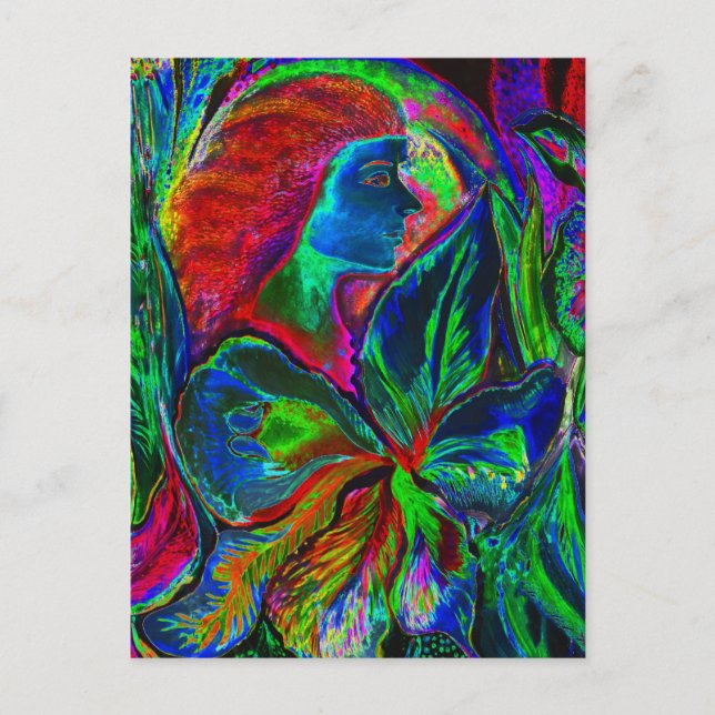 Cartão Postal Mulher e Flor, cores profundas (m4sol) (Frente)