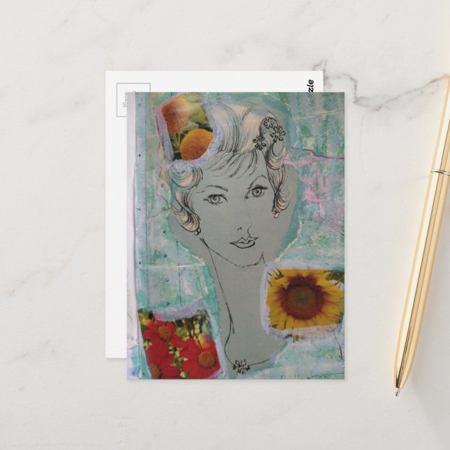 Cartão Postal Mulher e Flores Estilo de Cabelo Retro Colagem (Frente/Verso In Situ)