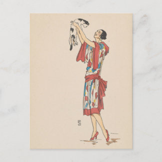 Cartão postal - mulher e gato - artista francês