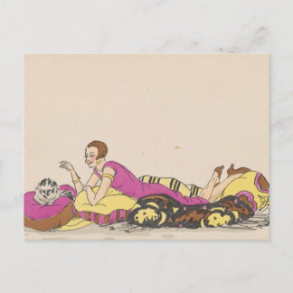 Cartão postal - mulher e gato - artista francês vi