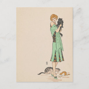 Cartão postal - mulher e gatos - artista francês