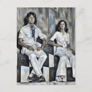 Cartão Postal Mulher e homem jovem da década de 1970 posando art