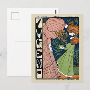 Cartão Postal Mulher e Menina Art Nouveau Vintage Vestido Verde