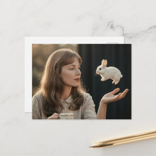 Cartão Postal Mulher e um Coelhinho Mágico Minúsculo no Chá