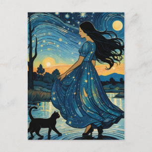 Cartão Postal Mulher e um Gato Preto em uma Noite Estrelada
