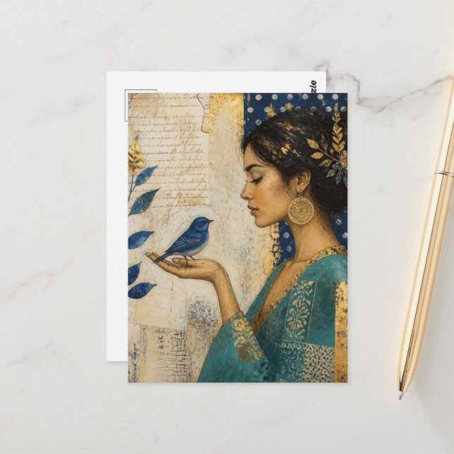 Cartão Postal Mulher e um Pássaro Azul (Frente/Verso In Situ)