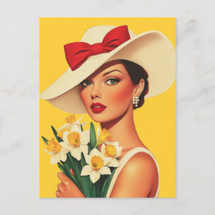 Cartão Postal Mulher Elegante com Daffodils