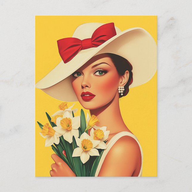 Cartão Postal Mulher Elegante com Daffodils (Frente)