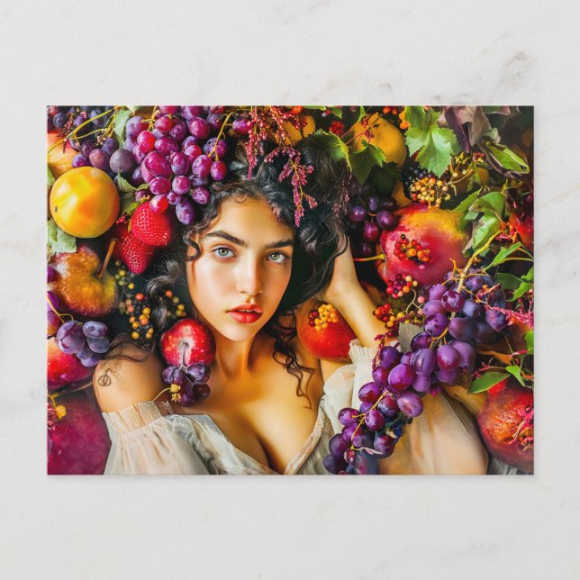 Cartão Postal Mulher elegante com romãs e flores c (Frente)