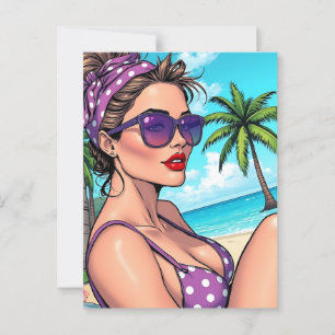 Cartão Postal Mulher em Bikini, Bolinhas roxa