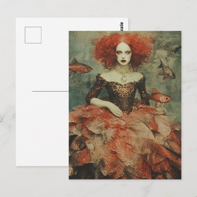 Cartão Postal Mulher em Moda de Peixe Vestida (Frente/Verso)