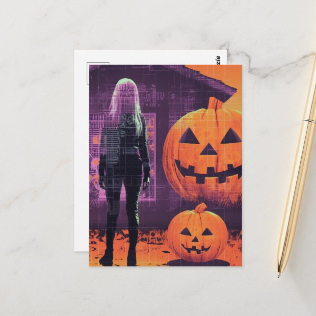 Cartão Postal Mulher em Orange Purple Halloween (Frente/Verso In Situ)