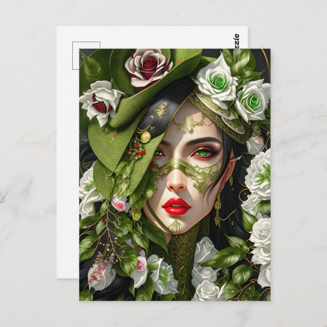 Cartão Postal Mulher em rosas, Posto (Frente/Verso)