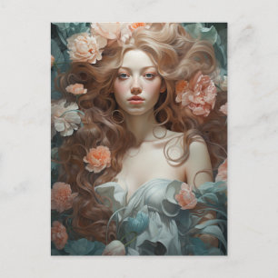 Cartão Postal Mulher em um Leito de Flores