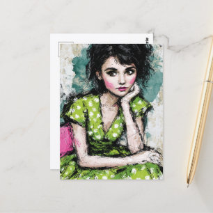 Cartão Postal Mulher em um vestido verde e branco de bolinhas