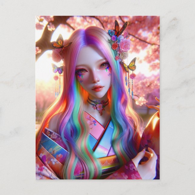 Cartão Postal Mulher Etérea Mística Bonita com Borboletas (Frente)