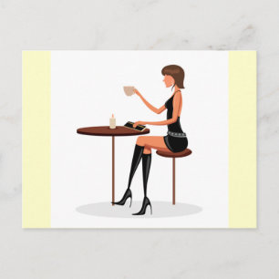 CARTÃO POSTAL MULHER FASHION PARIS CAFÉ CAFE COURO PRETO