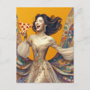 Cartão Postal Mulher Feliz Com Pizza Colorida Única