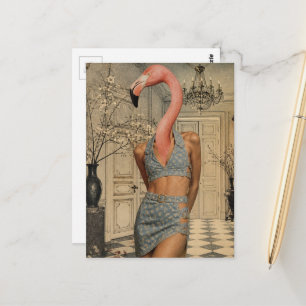 Cartão Postal Mulher Flamingo Surrealista Vestindo Roupa de Jean