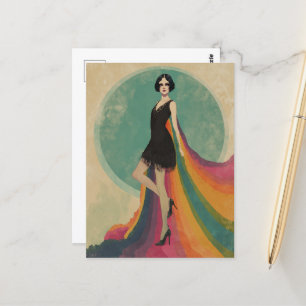 Cartão Postal Mulher-Flor em Cabo Arco-íris e Vestido Negro
