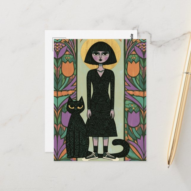 Cartão Postal Mulher fofa com seu gato preto de cauda longa (Frente/Verso In Situ)
