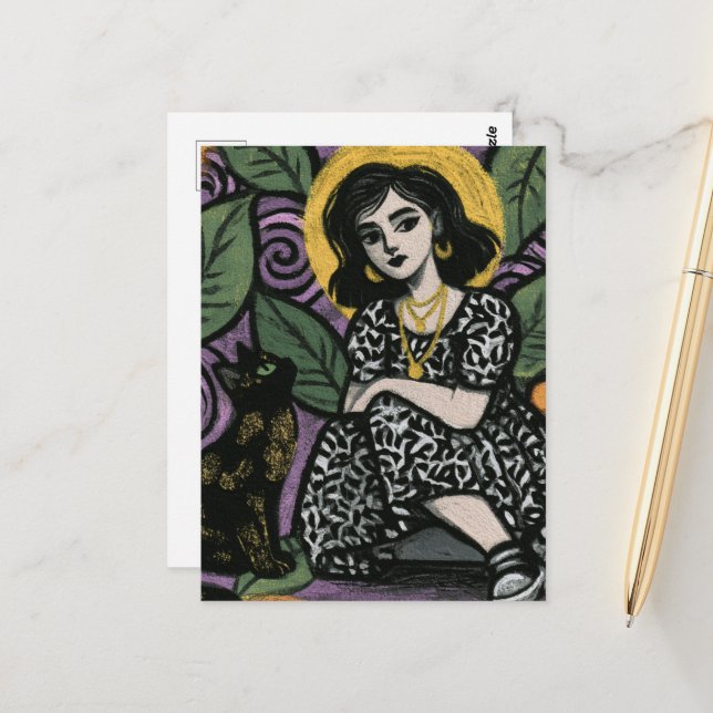 Cartão Postal Mulher fofa sentada com seu gato  (Frente/Verso In Situ)