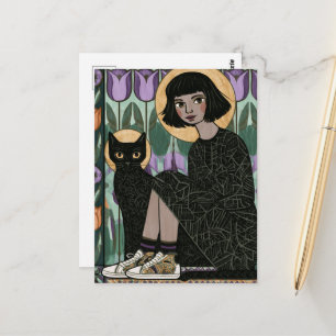 Cartão Postal Mulher fofa sentada com seu gato