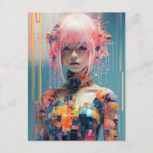 Cartão Postal Mulher Futurista Com Cabelo Rosa