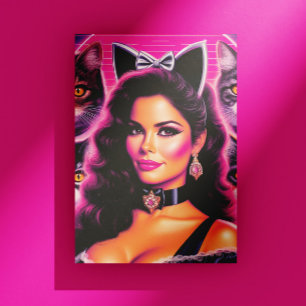 Cartão Postal Mulher Gato Retrowave dos Anos 80