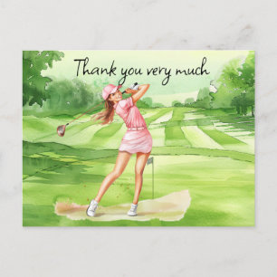 Cartão Postal Mulher-golfe na aquarela do campo de golfe