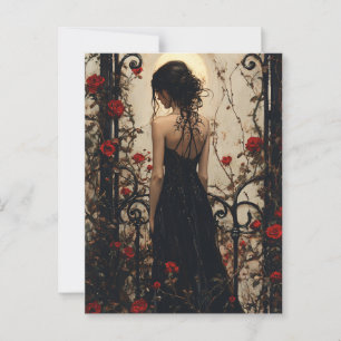 Cartão Postal Mulher Gótica de Vestido Preto Entre Rosas Vermelh