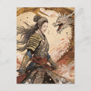 Cartão Postal Mulher IA samurai e dragão