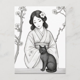 Cartão Postal Mulher Japonesa com Gato Preto