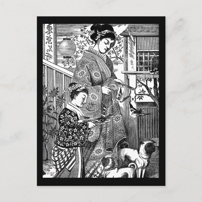 Cartão Postal Mulher japonesa do vintage com Pugs (Frente)
