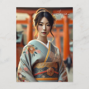 Cartão Postal Mulher japonesa em Kimono Tradicional Torii
