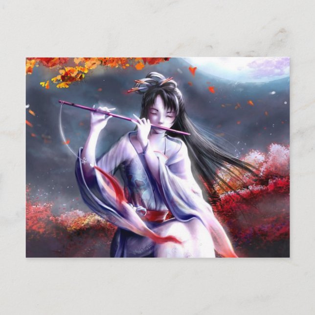 Cartão Postal Mulher Japonesa Jogando Flauta (Frente)