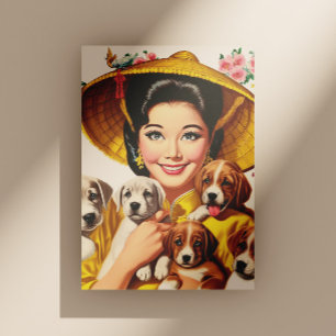 Cartão Postal Mulher Japonesa Vintage e Cachorrinhos