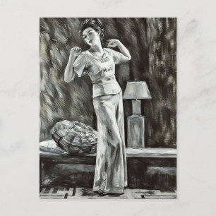 Cartão Postal Mulher jovem posando no quarto desenho abstrato