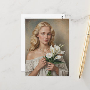 Cartão Postal Mulher Loira Com Colar de Cruz e Flores