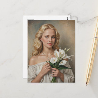 Cartão Postal Mulher Loira Com Colar de Cruz e Flores