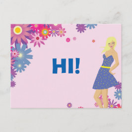 CARTÃO POSTAL MULHER LOIRA NO VESTIDO AZUL HI