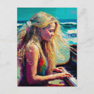Cartão Postal Mulher loira tocando piano na praia