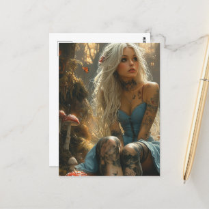 Cartão Postal Mulher loura na floresta de cogumelos