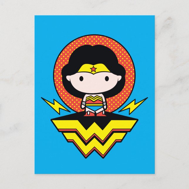 Cartão Postal Mulher Maravilha Chibi com Bolinhas e logotipo (Frente)