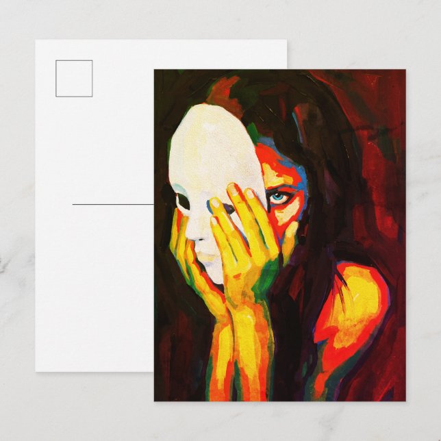 Cartão Postal Mulher Misteriosa Segurando Máscara Arte Dramática (Frente/Verso)