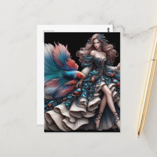 Cartão Postal Mulher modelo da moda e peixe Betta