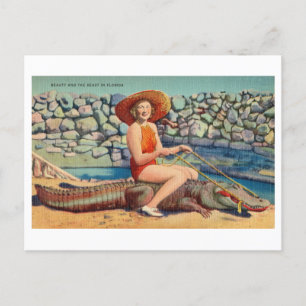 Cartão Postal Mulher Montando um Jacaré Vintage Viagem Flórida