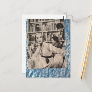 Cartão Postal Mulher na biblioteca na era dos anos 1930 colagem