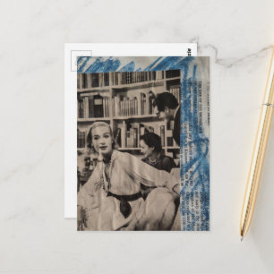 Cartão Postal Mulher na biblioteca na era dos anos 1930 colagem